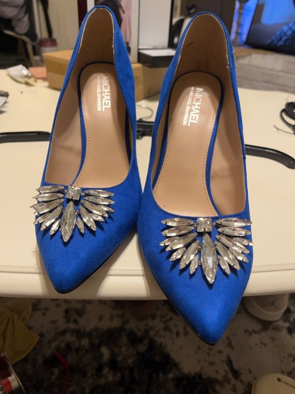 Michael by Michael Shannon Royal Blue Suede Crystal Brooch Pointed Pumps Size 11